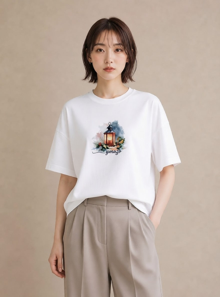 Tシャツ レディース 街灯 夜霧 夜 ナチュラル アンティーク イラスト 抜け感 お揃い 親子 白T
