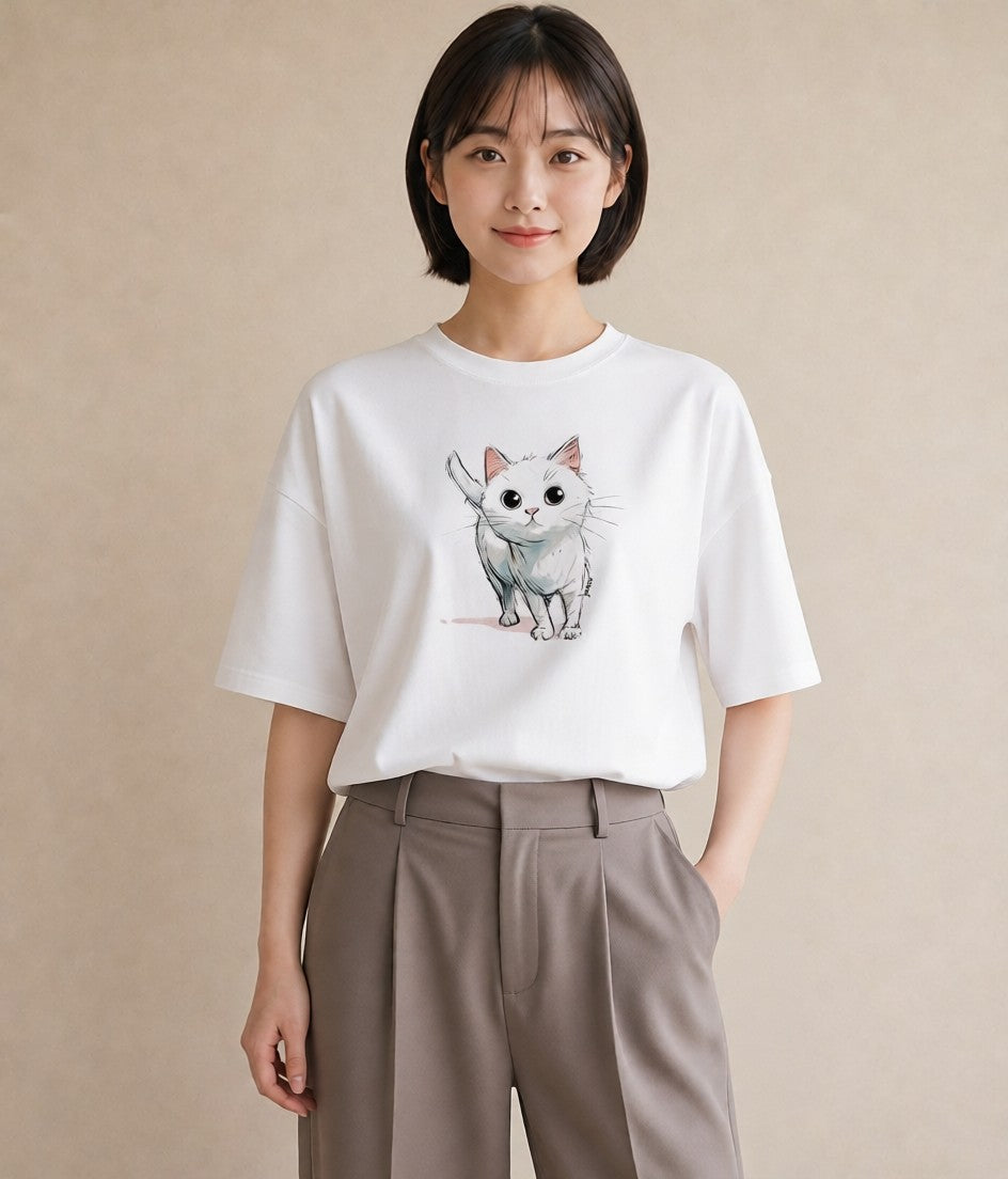 Tシャツ レディース 白猫 猫 ねこ イラスト ユニーク 姉妹 送別ギフト 白T