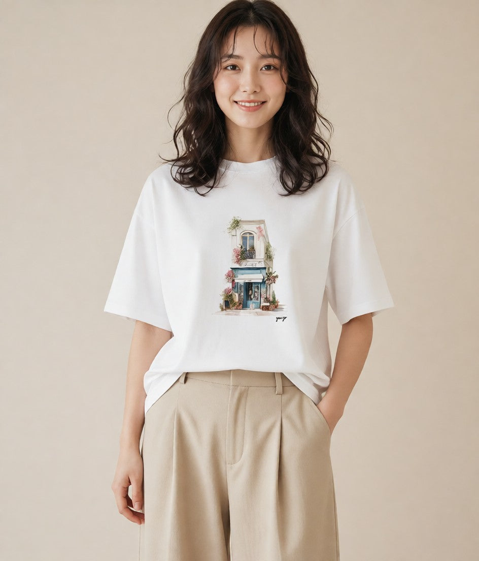 半袖Tシャツ レディース 自転車のかご 自転車 花かご ナチュラル アンティーク イラスト 抜け感 週末コーデ 敬老の日 白T