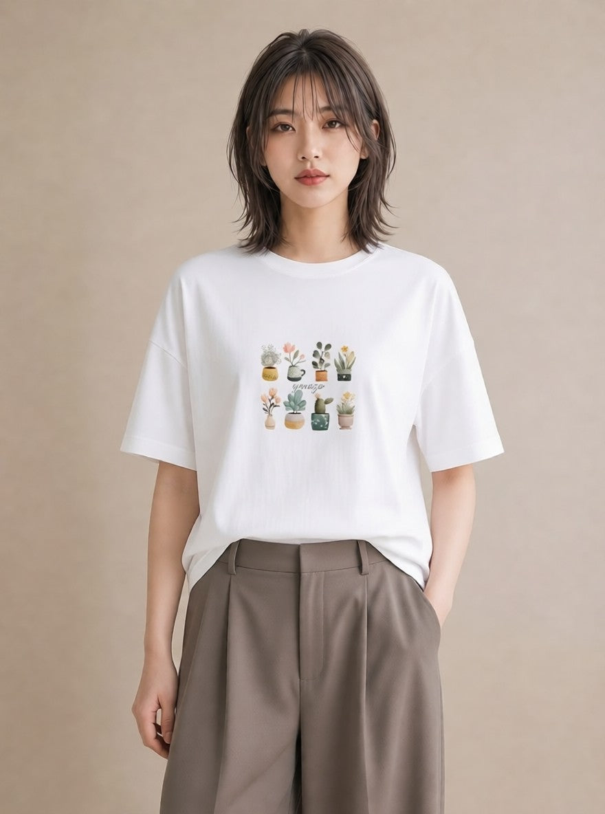 グラフィックTシャツ レディース 観葉植物 植物 ボタニカル イラスト 韓国風 おしゃれギフト 社会人 白T