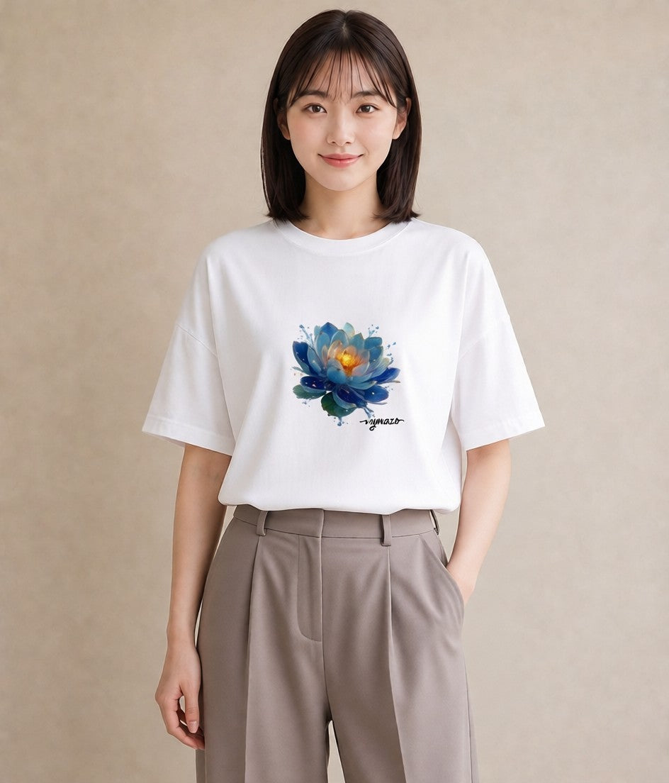 Tシャツ レディース 蓮 花 花柄 イラスト レトロ 休日 ペアコーデ 白T