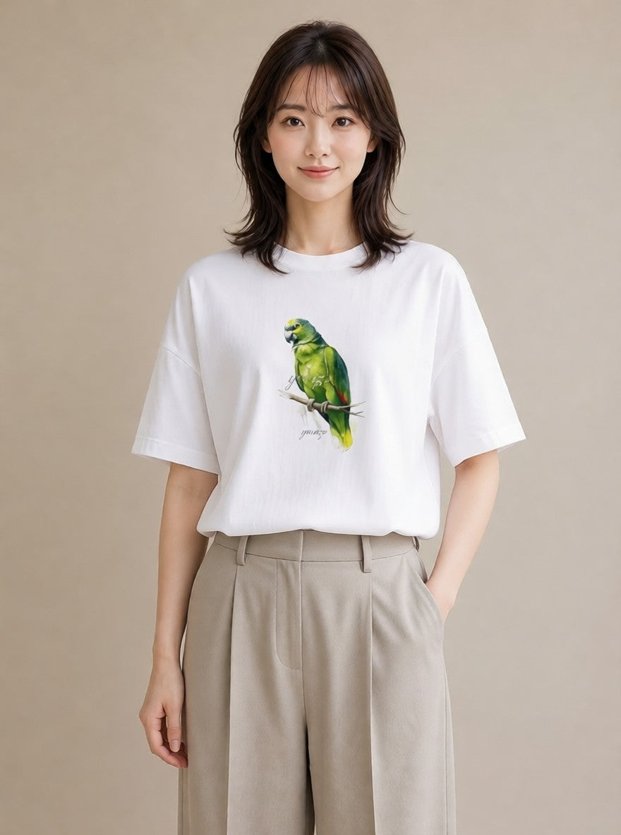 プリントTシャツ レディース コザクラインコ ペット 動物 イラスト 線画 ママ カフェ服 白T