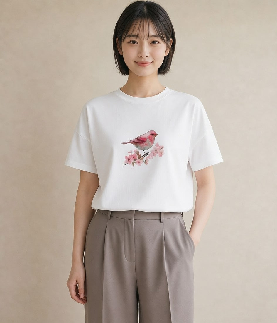 Tシャツ レディース 文鳥 ペット 動物 イラスト 上品 夏コーデ 通学 白T