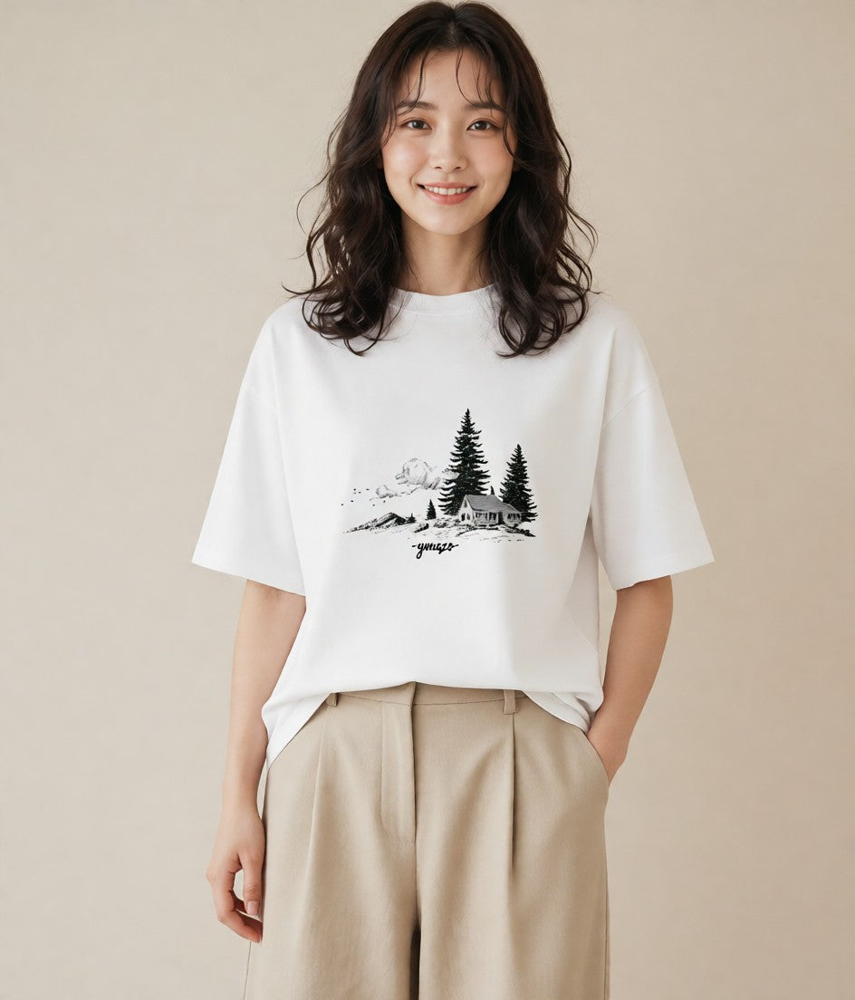 プリントTシャツ レディース 湖畔の小屋 湖 小屋 ナチュラル アンティーク イラスト きれいめカジュアル 敬老の日 ホワイトデー 白T