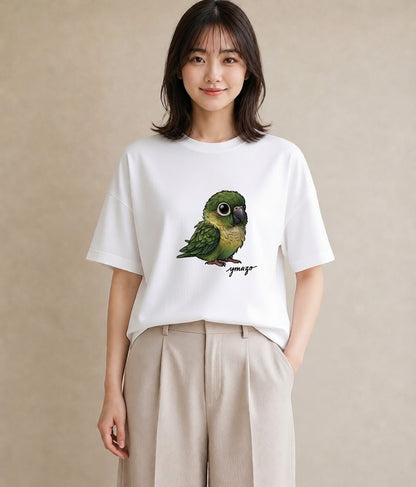 半袖Tシャツ レディース ボタンインコ ペット 動物 イラスト ニュアンス ママ カフェ服 白T
