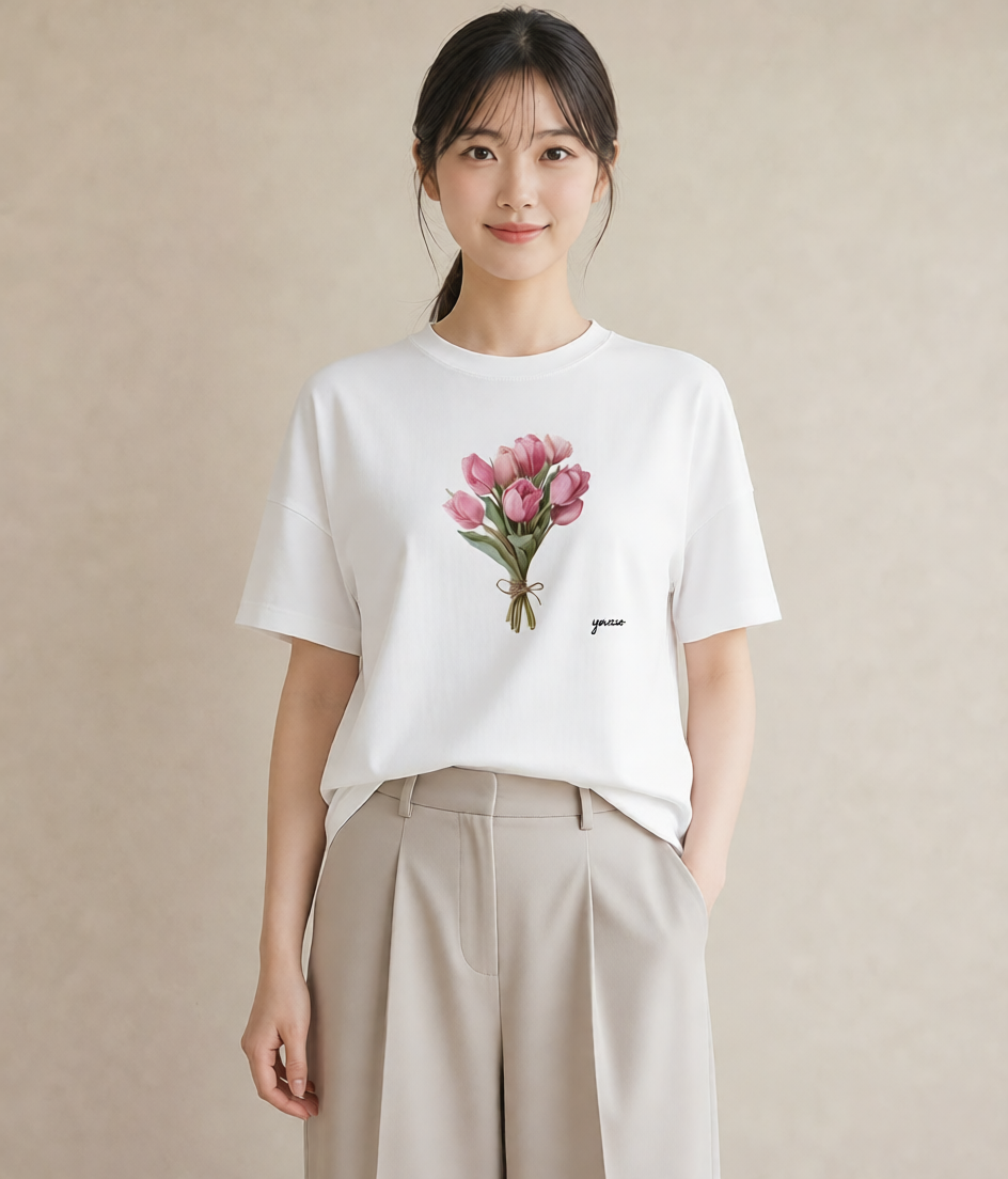 Tシャツ レディース チューリップ 花 花柄 イラスト フェミニン 秋コーデ おしゃれギフト 白T