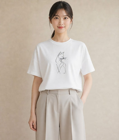 プリントTシャツ レディース 猫 ねこ ネコ イラスト 上品 社会人 女性 白T