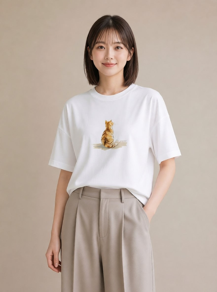 デザインTシャツ レディース ぶち猫 猫 ねこ イラスト フェミニン 公園 ママ 白T