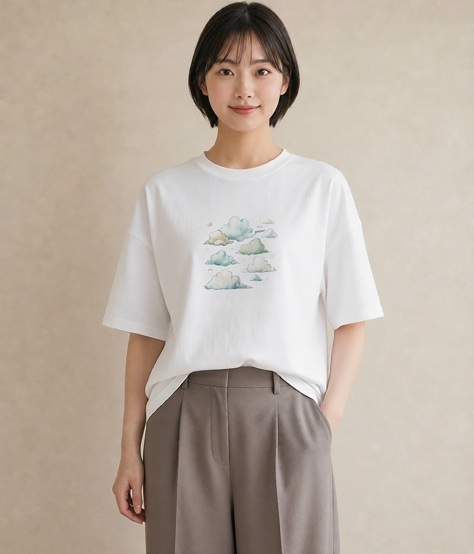 グラフィックTシャツ レディース 雲 星空 宇宙 イラスト ヴィンテージ風 部屋着 女性向けギフト 白T