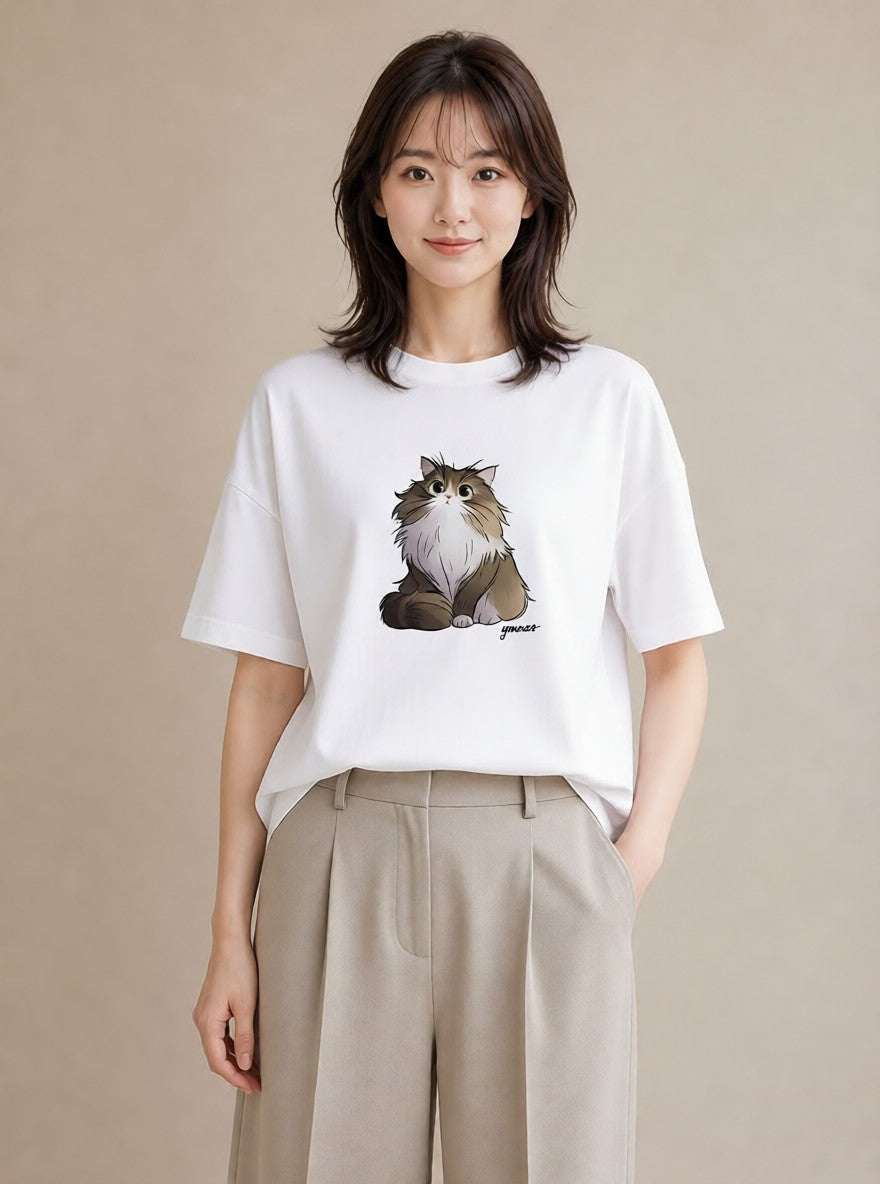 グラフィックTシャツ レディース 猫 ねこ イラスト 休日コーデ ミセス 春コーデ 白T
