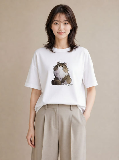 グラフィックTシャツ レディース 猫 ねこ イラスト 休日コーデ ミセス 春コーデ 白T