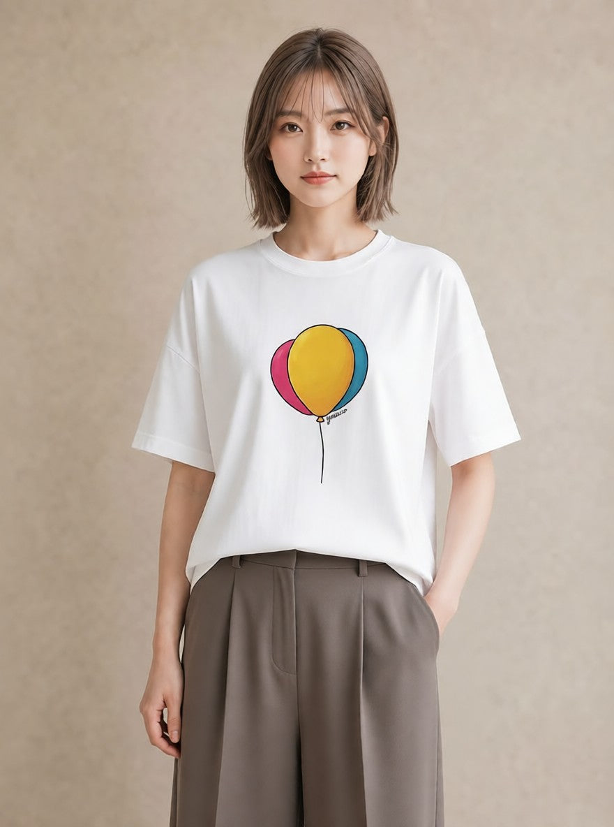 デザインTシャツ レディース 紙風船 和紙 ナチュラル アンティーク イラスト ポップ 社会人 女性 白T