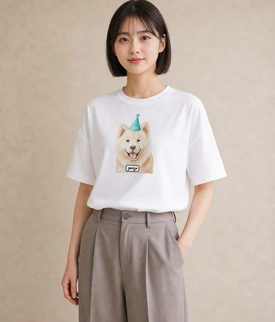 プリントTシャツ レディース サモエド 犬 いぬ イラスト ラフ 週末コーデ 敬老の日 白T