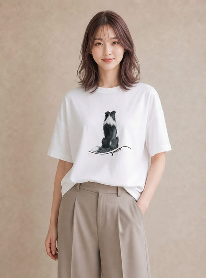 デザインTシャツ レディース ボーダーコリー 犬 いぬ イラスト ラフカジュアル 公園 ママ 白T