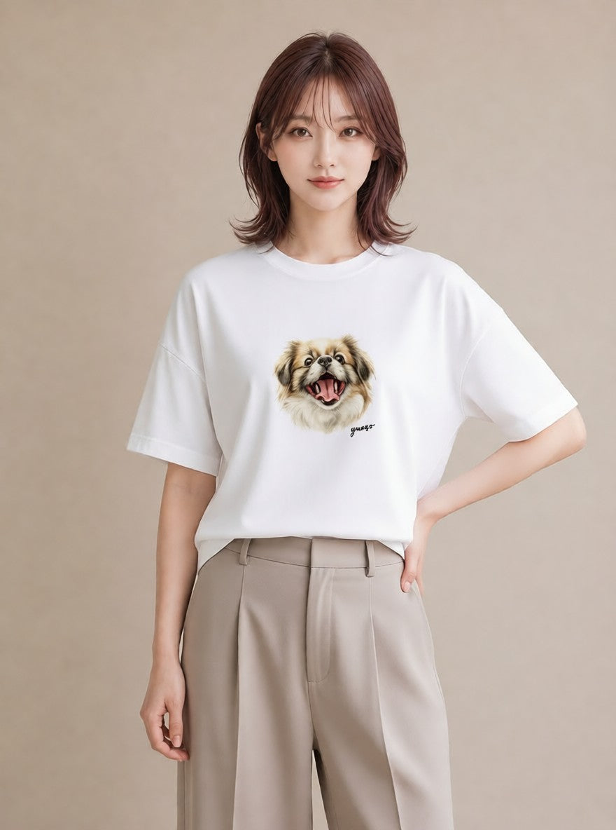 デザインTシャツ レディース 狆 犬 いぬ イラスト ユニーク 誕生日プレゼント 綿100 白T