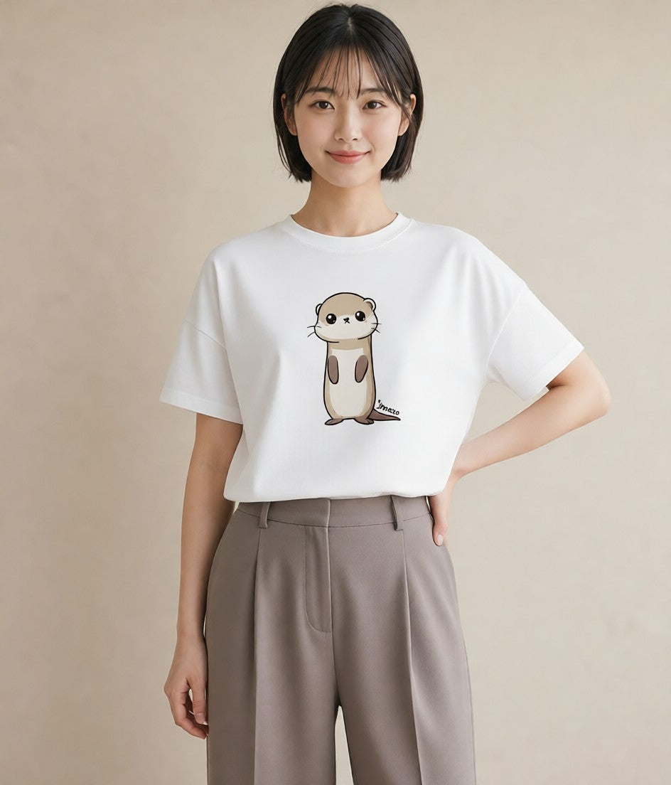 グラフィックTシャツ レディース フェレット ペット 動物 イラスト カフェコーデ 買い物 夏コーデ 白T