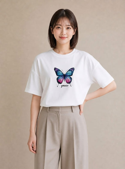 プリントTシャツ レディース ちょうちょ 蝶 バタフライ 昆虫 虫 イラスト 淡色 帰省 ラフ 白T