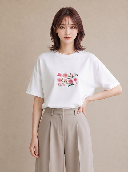 デザインTシャツ レディース バラ 薔薇 ローズ 花 花柄 イラスト ガーリー 散歩 お出かけ 白T