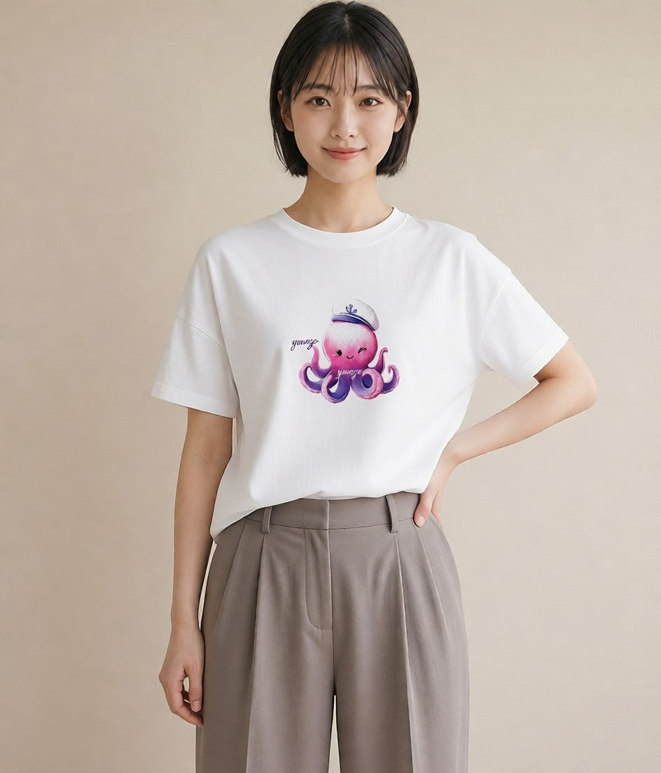 デザインTシャツ レディース タコ 海の生き物 海 イラスト カフェコーデ 休日 ペアコーデ 白T