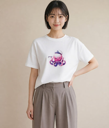 デザインTシャツ レディース タコ 海の生き物 海 イラスト カフェコーデ 休日 ペアコーデ 白T