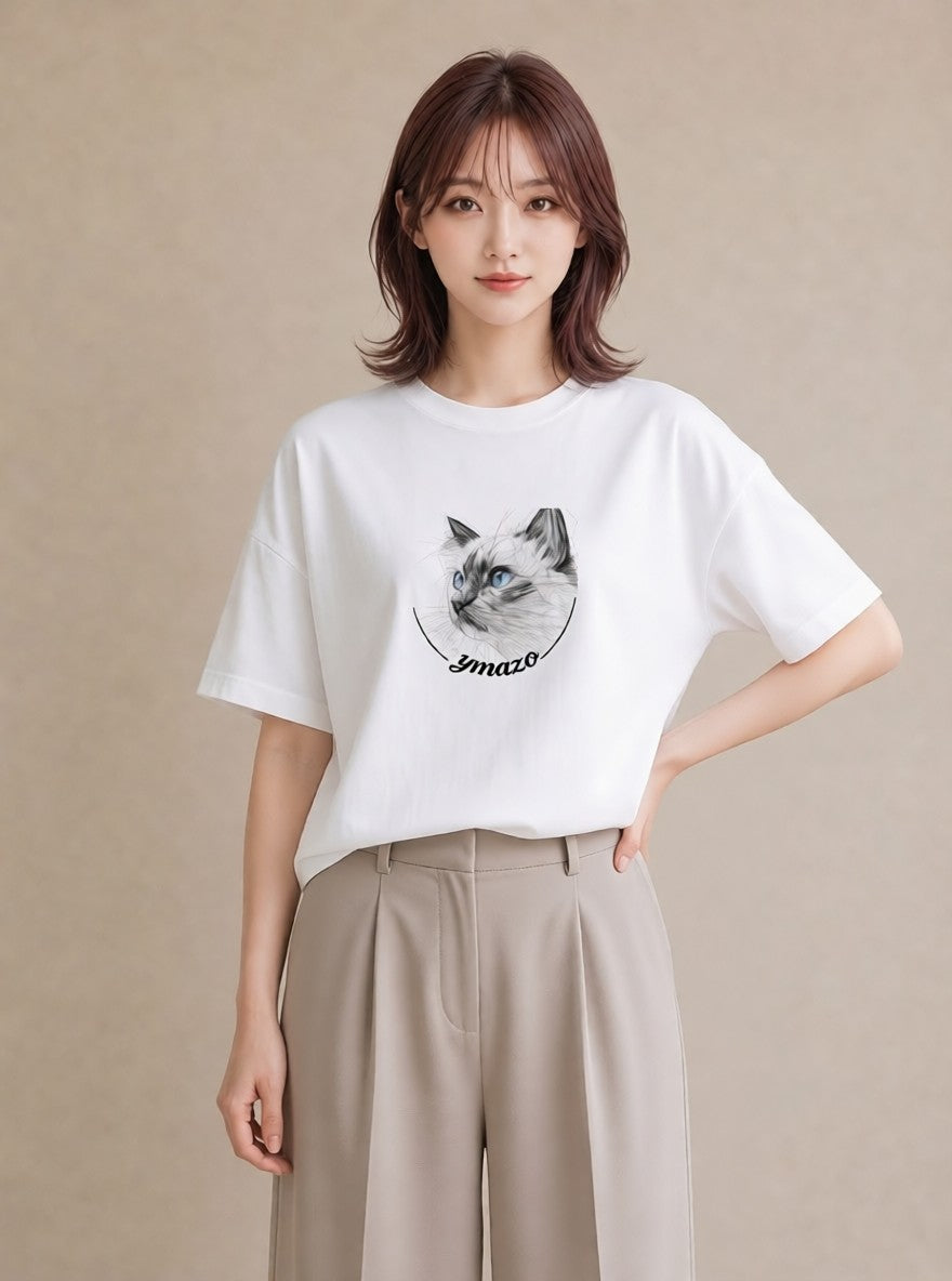 半袖Tシャツ レディース シャム柄 猫 ねこ イラスト 韓国風 通学 誕生日プレゼント 白T