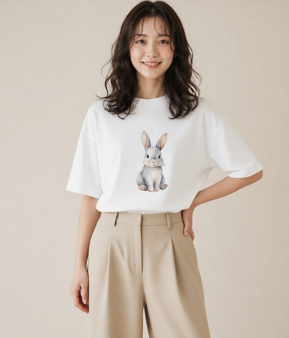 グラフィックTシャツ レディース ミニうさぎ ペット 動物 イラスト 淡色 誕生日プレゼント 綿100 白T