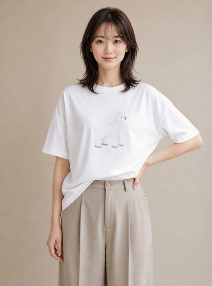 デザインTシャツ レディース ビションフリーゼ 犬 いぬ イラスト ガーリー 休日 ペアコーデ 白T