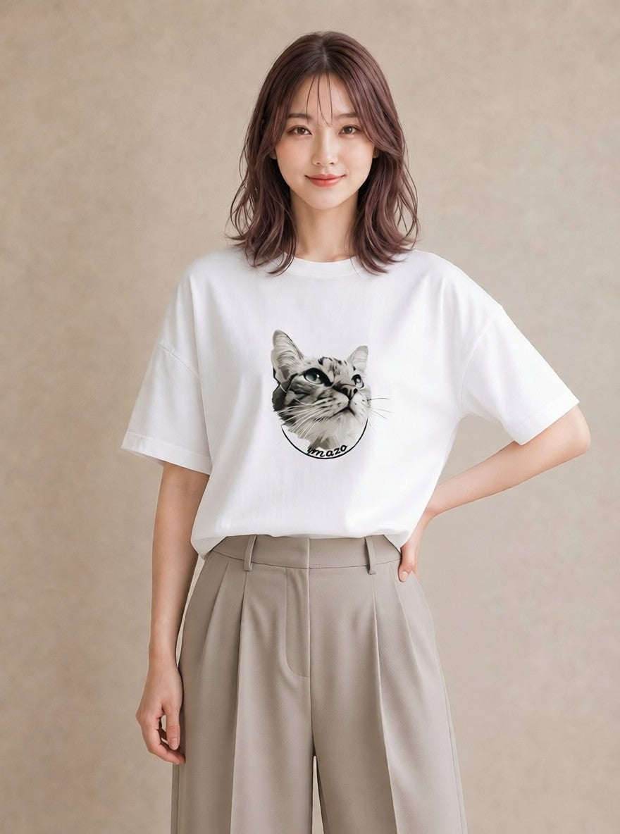 プリントTシャツ レディース シャム柄 猫 ねこ イラスト こなれ感 ミセス 春コーデ 白T