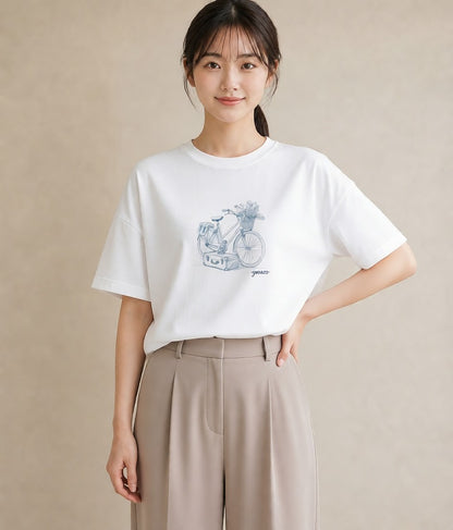 プリントTシャツ レディース 自転車のかご 自転車 花かご ナチュラル アンティーク イラスト 線画 通勤 在宅 白T