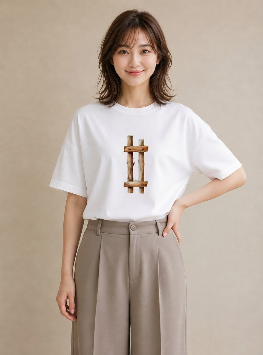 プリントTシャツ レディース 駅のホーム ローカル線 駅 ナチュラル アンティーク イラスト 淡色 デイリーウェア 休日 白T