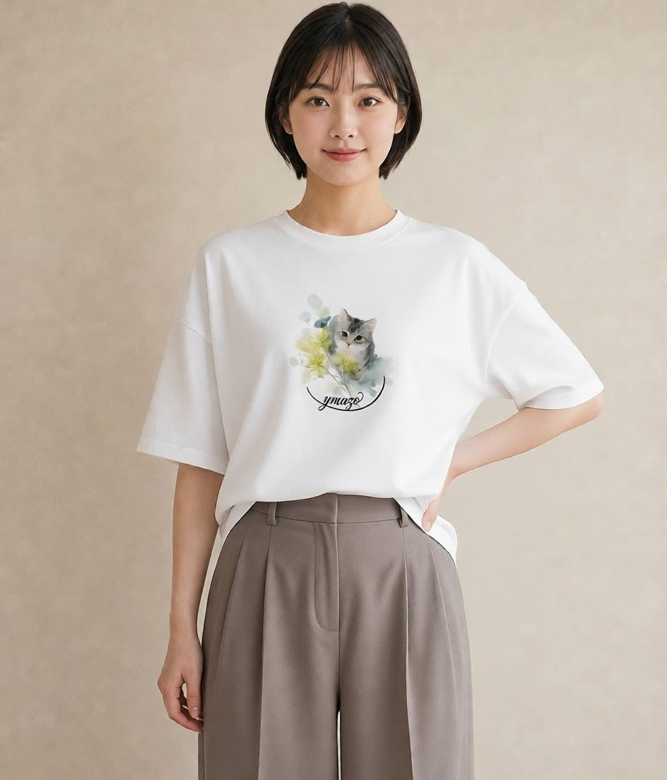 半袖Tシャツ レディース ペルシャ 猫 ねこ イラスト ミニマル カジュアルコーデ 買い物 白T