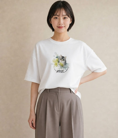 半袖Tシャツ レディース ペルシャ 猫 ねこ イラスト ミニマル カジュアルコーデ 買い物 白T