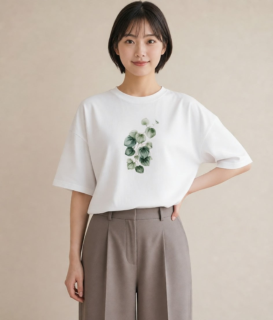 デザインTシャツ レディース つる 植物 ボタニカル イラスト ガーリー ラフ レイヤード 白T
