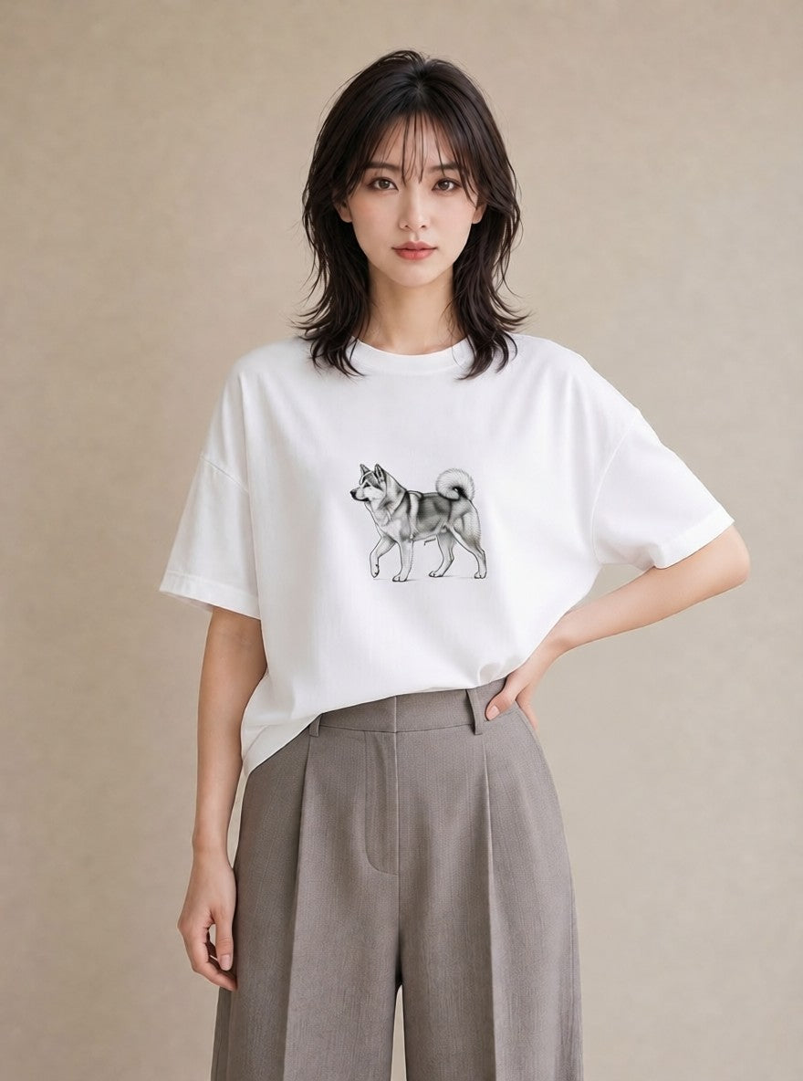 半袖Tシャツ レディース 秋田犬 犬 いぬ イラスト 韓国風 散歩 お出かけ 白T