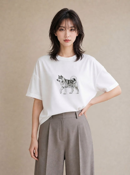 半袖Tシャツ レディース 秋田犬 犬 いぬ イラスト 韓国風 散歩 お出かけ 白T