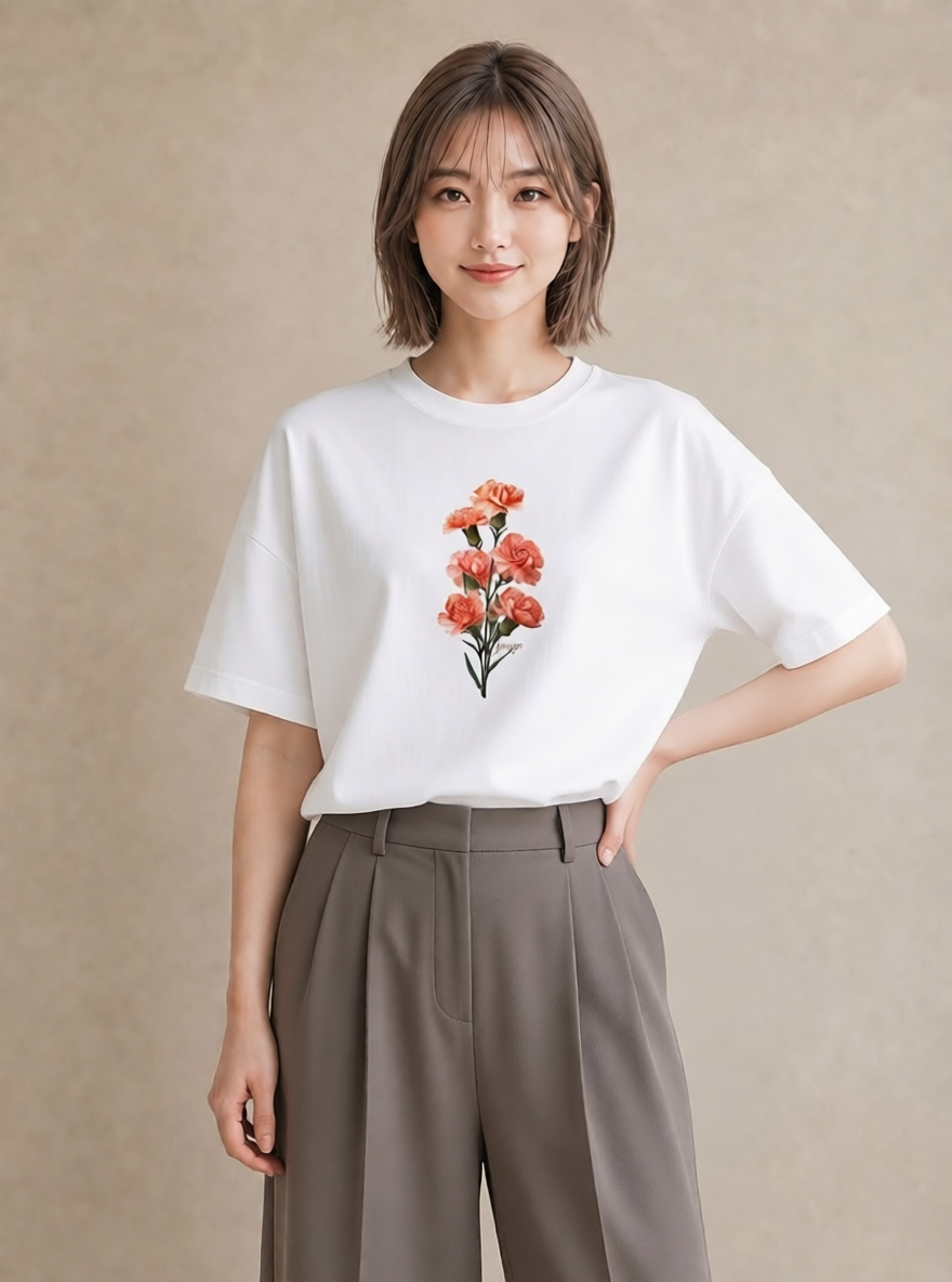 グラフィックTシャツ レディース カーネーション 花 花柄 イラスト 個性的 帰省 ラフ 白T