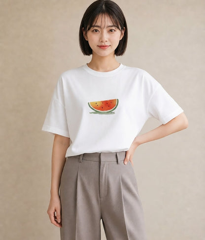 Tシャツ レディース すいか 食べ物 フード イラスト カジュアル 旅行 母娘コーデ 白T