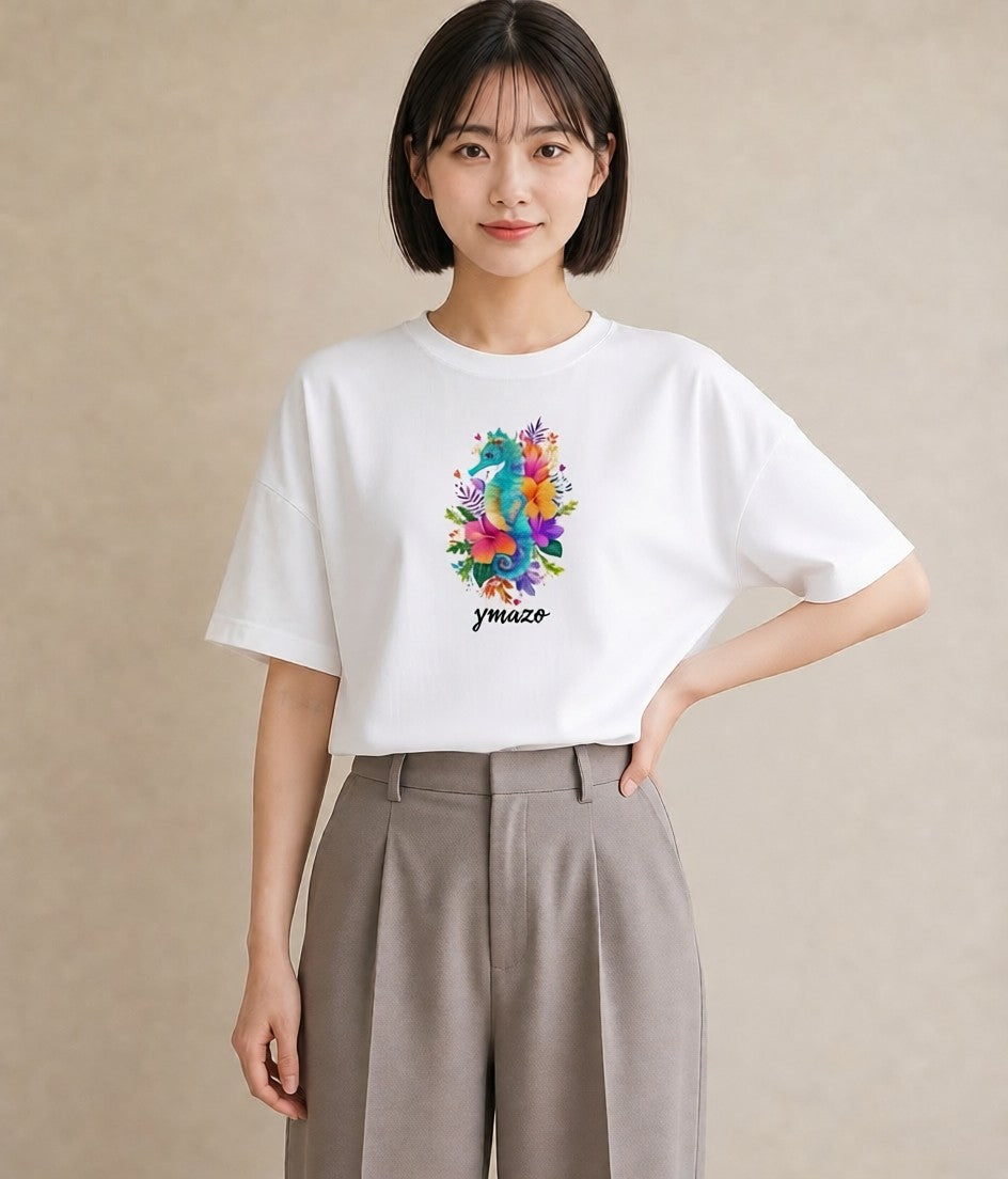 Tシャツ レディース タツノオトシゴ 海の生き物 海 イラスト 普段使い デート 帰省 白T