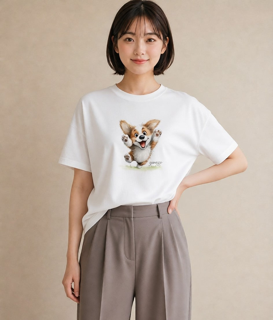 デザインTシャツ レディース ウェルシュコーギー コーギー 犬 いぬ イラスト お洒落 ペアコーデ 秋コーデ 白T