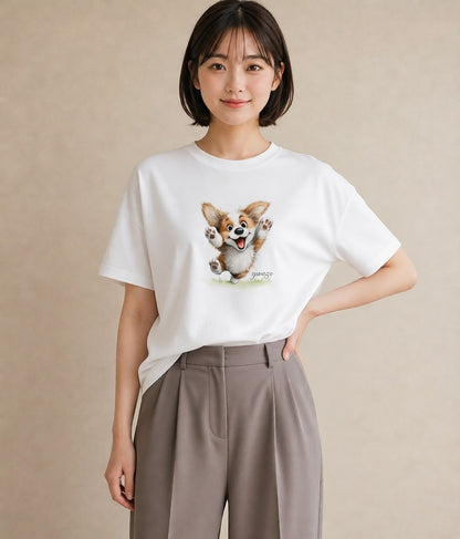 デザインTシャツ レディース ウェルシュコーギー コーギー 犬 いぬ イラスト お洒落 ペアコーデ 秋コーデ 白T