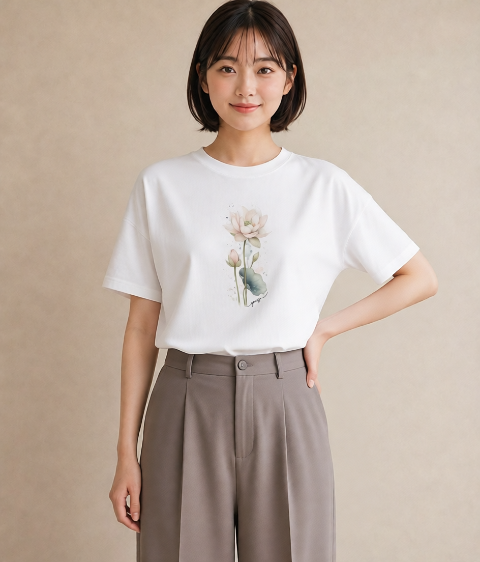 プリントTシャツ レディース ゆり 百合 花 花柄 イラスト ラフ 春服 ミセス 白T