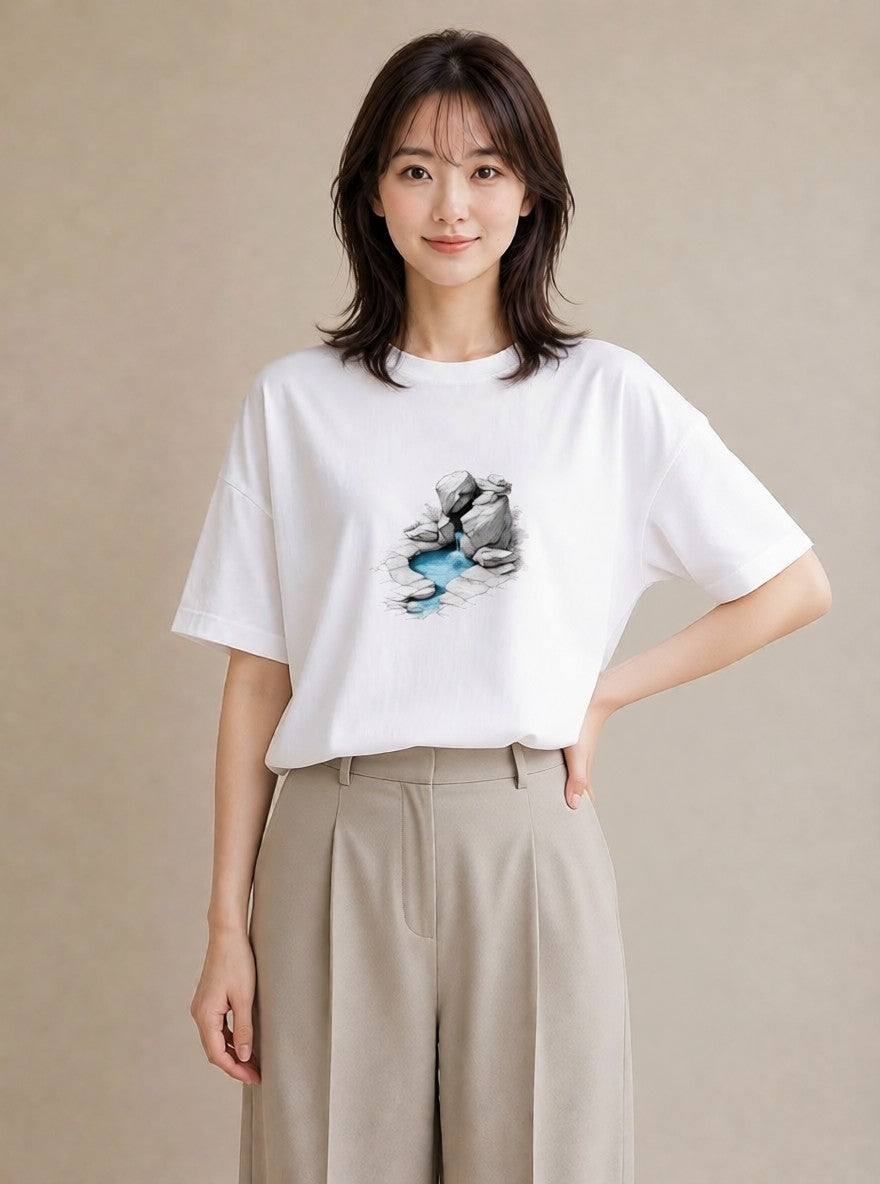 グラフィックTシャツ レディース 小川 橋 せせらぎ ナチュラル アンティーク イラスト カジュアルコーデ 買い物 白T