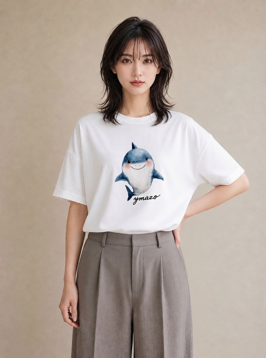 半袖Tシャツ レディース クジラ 海の生き物 海 イラスト きれいめ 買い物 夏コーデ 白T