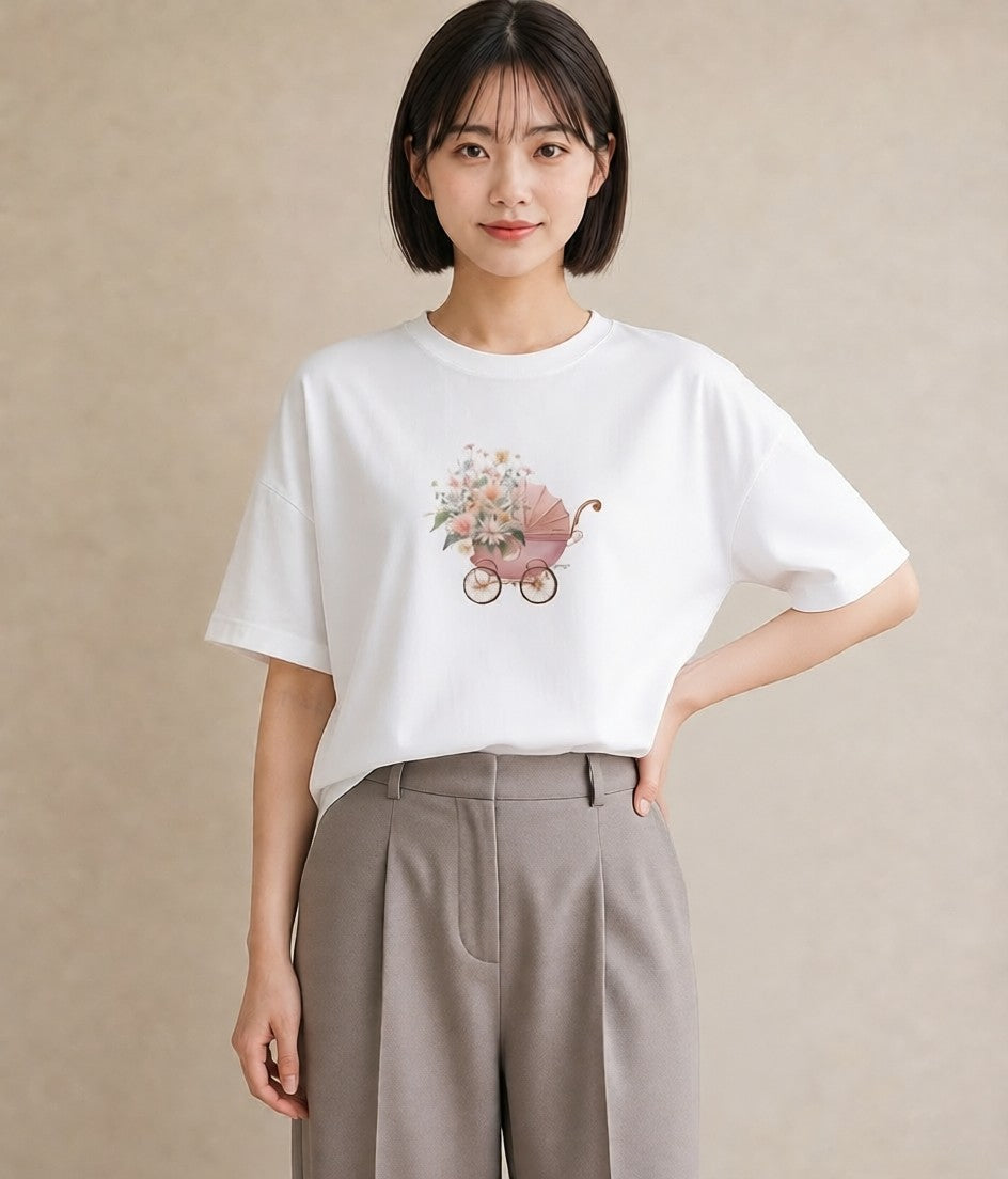 半袖Tシャツ レディース 自転車のかご 自転車 花かご ナチュラル アンティーク イラスト ラフカジュアル 普段着 週末コーデ 白T