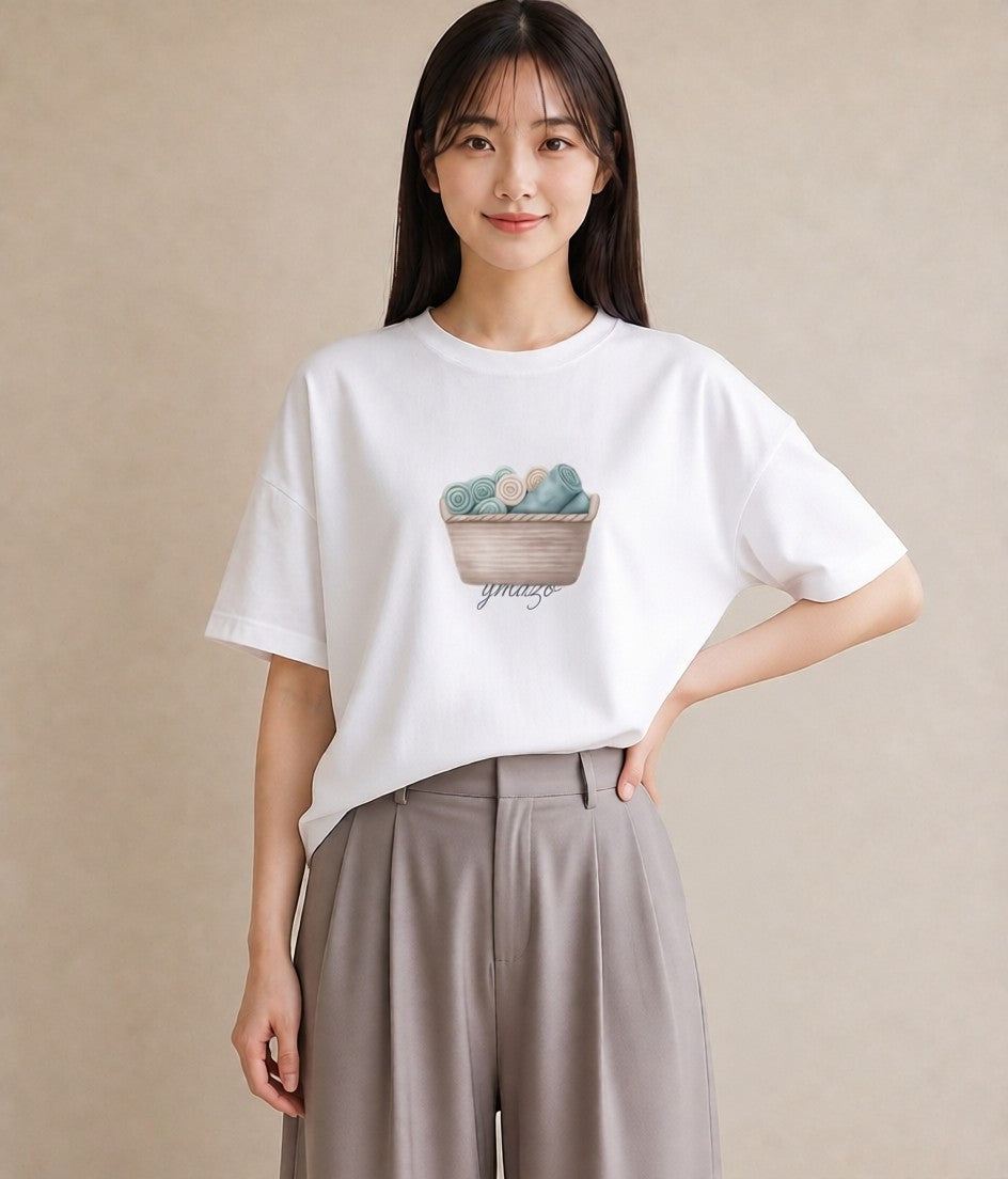 Tシャツ レディース 自転車のかご 自転車 花かご ナチュラル アンティーク イラスト 個性的 週末コーデ 敬老の日 白T