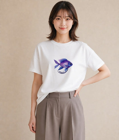 プリントTシャツ レディース グッピー ペット 動物 イラスト ゆるかわ 綿100 デート 白T