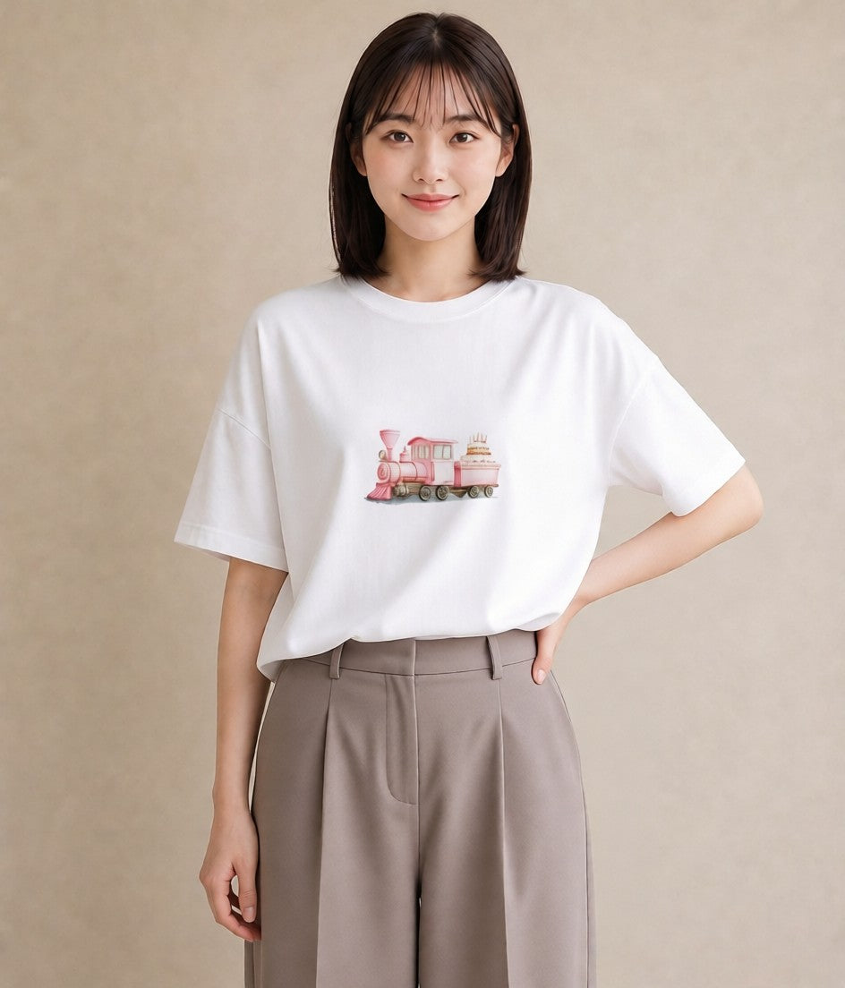 半袖Tシャツ レディース 駅のホーム ローカル線 駅 ナチュラル アンティーク イラスト 水彩風 女子会 お揃い 白T