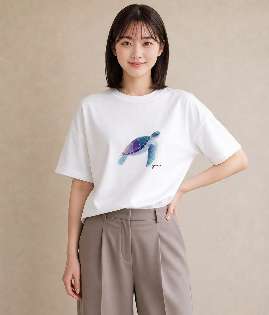 半袖Tシャツ レディース ウミガメ 海の生き物 海 イラスト ゆるかわ ギフト 母の日 白T
