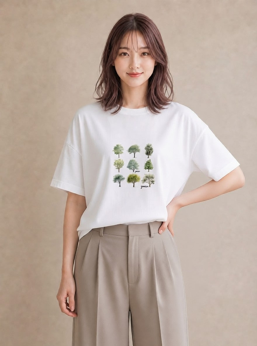 Tシャツ レディース 木 植物 ボタニカル イラスト カフェコーデ 在宅 公園 白T