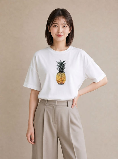 半袖Tシャツ レディース パイナップル 食べ物 フード イラスト ゆるかわ 社会人 女性 白T